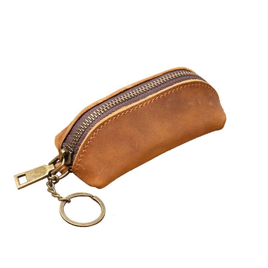 Leather Zipper Coin Pouch, Genuine Cowhide Handcrafted Coin Organizer Change Holder Keychain Coin Purse for Men & Women  (Brownish yellow)