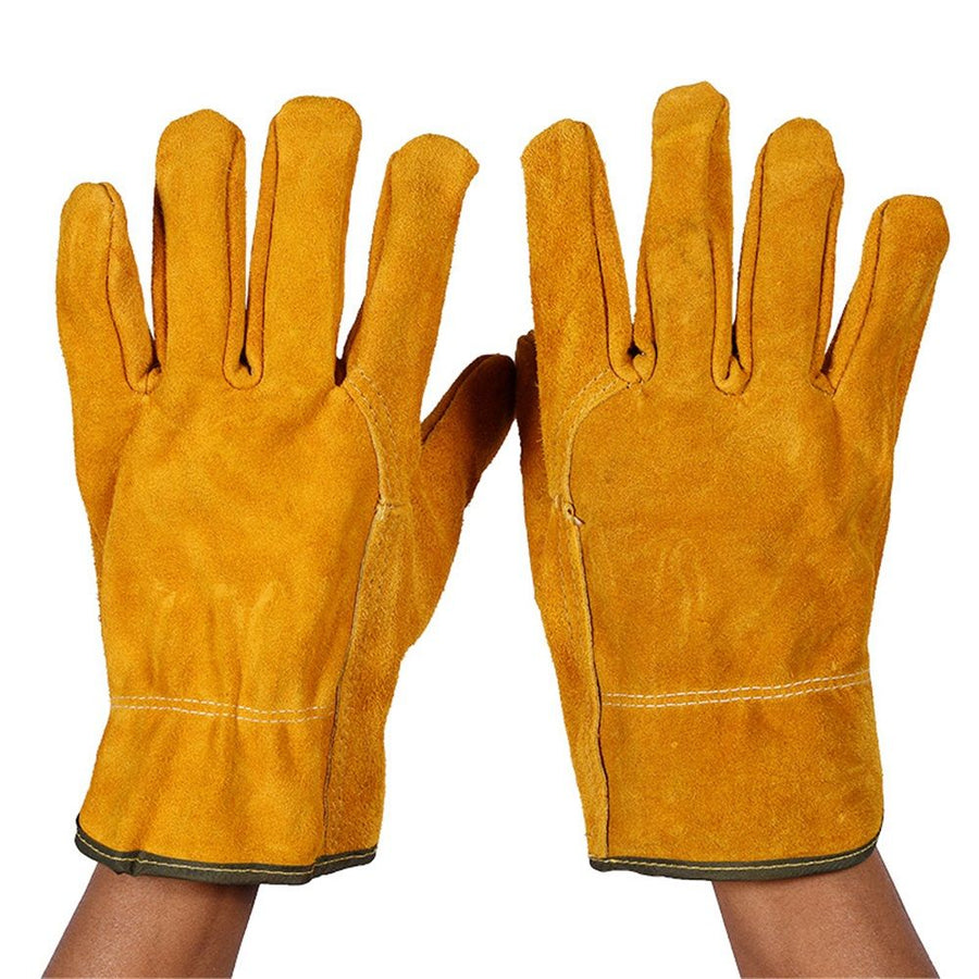 Welding Gloves Heat Insulation Protective Cowhide Leather Gloves for Welding Workwear Heat Resistant with Fleece Lining Short Cuff 1 Pair