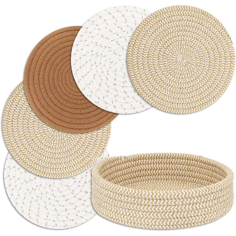 for Hot Dishes, Pots and Pans, Hot Pads with Storage Basket, Pot Holders for Kitchen, Heat Resistant Mat Protect Counter Home Essentials, Farmhouse Decor (Ivory white 5 pieces+basket)