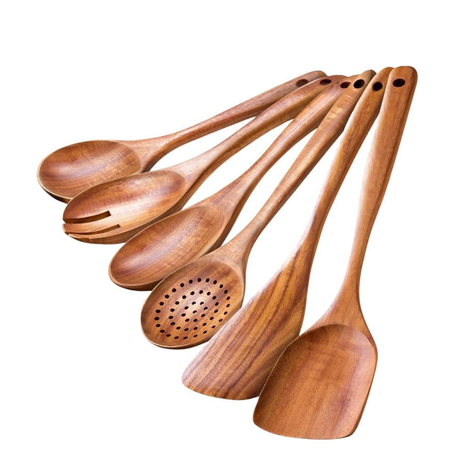 6 Piece Wooden Spoons for Cooking – Natural Teak Wooden Utensil Set, Easy to Clean, Durable, Smooth with Comfort Grip - Non Toxic Wooden Cooking Utensil Sets