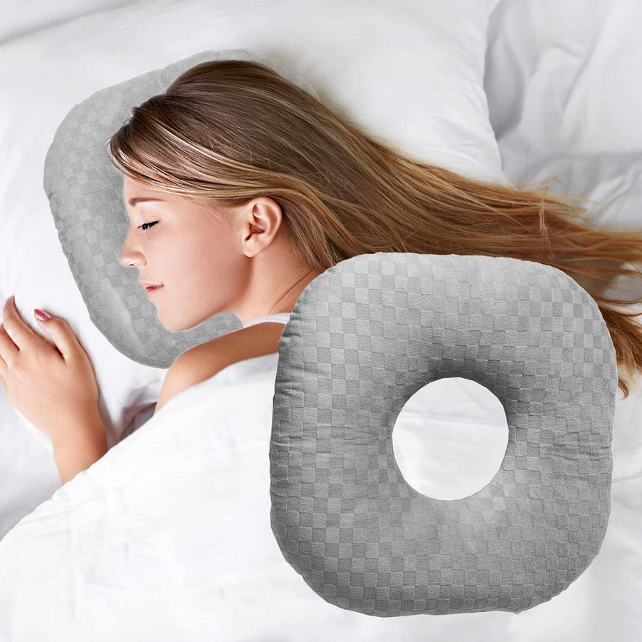 Ear Piercing Pillow for Side Sleepers, Pillow with an Ear Hole for Ear Pain Ear Inflammation Pressure Sores, O-Shaped Side Sleeping Pillow, Ear Guard Pillow (Gray)