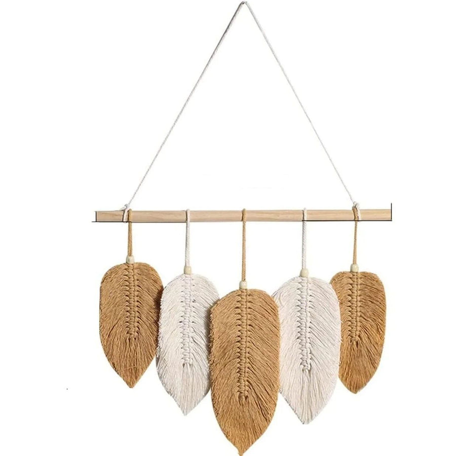 Wall Hanging Leaves Chic Woven Leaf Tassels Decoration Cotton Ornaments Tapestry Room Decor Modern Bohemian Handmade Feather Wall Art Decorations(Yellow and white)