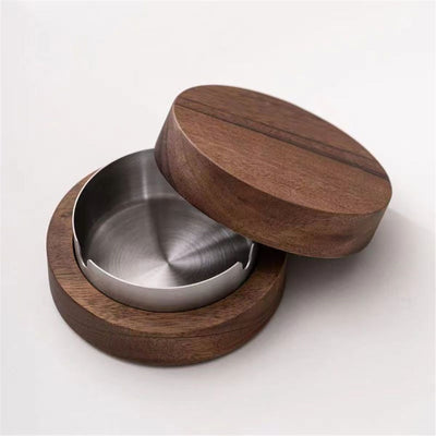 Wooden Ashtray with Lid for Smokers Stainless Steel Liner Ash Tray Windproof Durable Easy to Clean Cool Ashtrays for Indoor or Outdoor Use, Patio, Office & Home（Walnut color+silver）