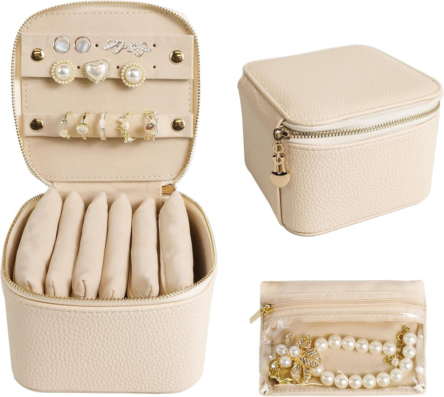 Travel Jewelry Organizer, Jewelry Travle Case with 6  Jewelry Bags, Portable Travel Jewelry Storage Box, Valentines Gifts for Women (Beige)