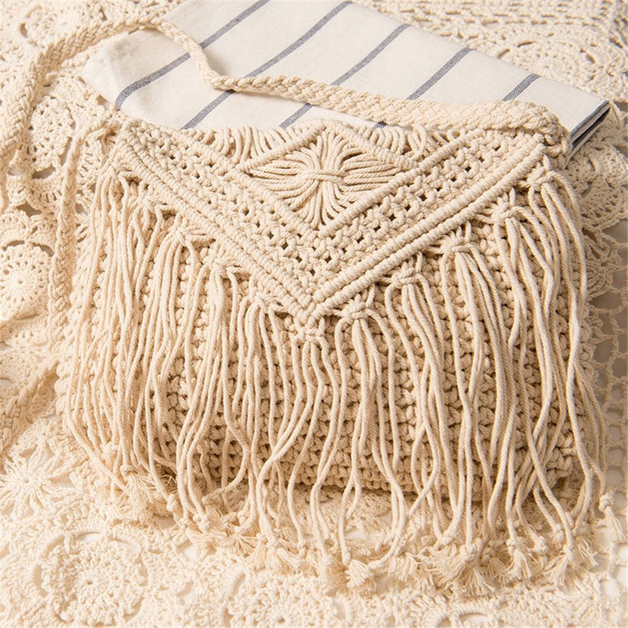 Hand woven cotton bag crochet tassel beach bohemian women's bag summer beach handbag Crossbody Purse （white）