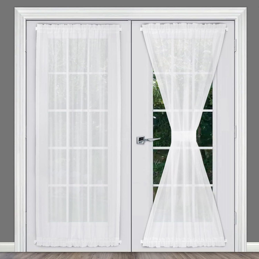 Pair of Sheer White French Door Curtains in 137*102cm Size. Our Sidelight Front Door Drapes Come with 2 Matching Tie-Backs.