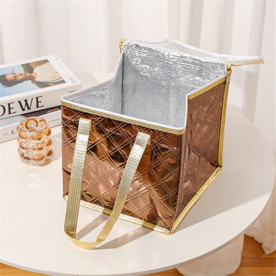 6" Reusable Insulated Zipper Aluminum Foil Tote Bag Suit for Picnic Cake FruitDrink Refrigeration Also for Delivery of Takeaway Thermal Pizza Insulated Delivery (Coffee colored gold border)