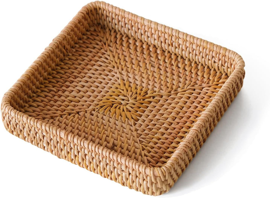 Remote Basket for Coffee Table Entryway Living Room Rattan Serving Tray Handwoven Wicker Baskets Decorative Tray for Wallet Remote Control Trinkets Rings Cosmetics Crackers（medium size）