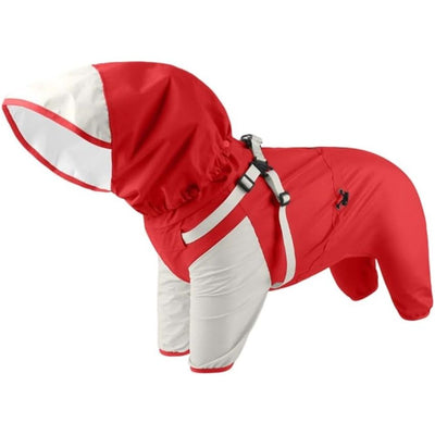 Waterproof Dog Raincoat, Full Coverage Small Dog Rain Coat with Harness, Adjustable 4 Legs Puppy Rain Jacket with Reflective Strip and Elastic Cuffs (Red, L)