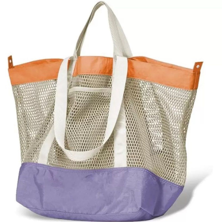 Mesh Tote Bag - Two-Tone Patchwork Shoulder Bag, Lightweight & Foldable for Beach, Gym, Travel（Purple）