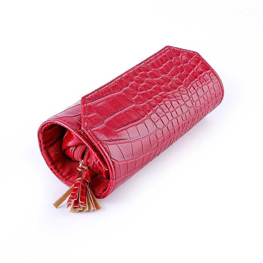 Roll Travel Jewel Bag case for Multiple Necklaces, Rings, Bracelets, Supple Leather, Large Capacity Without Crease, Lightweight, Portable & Practical (red)