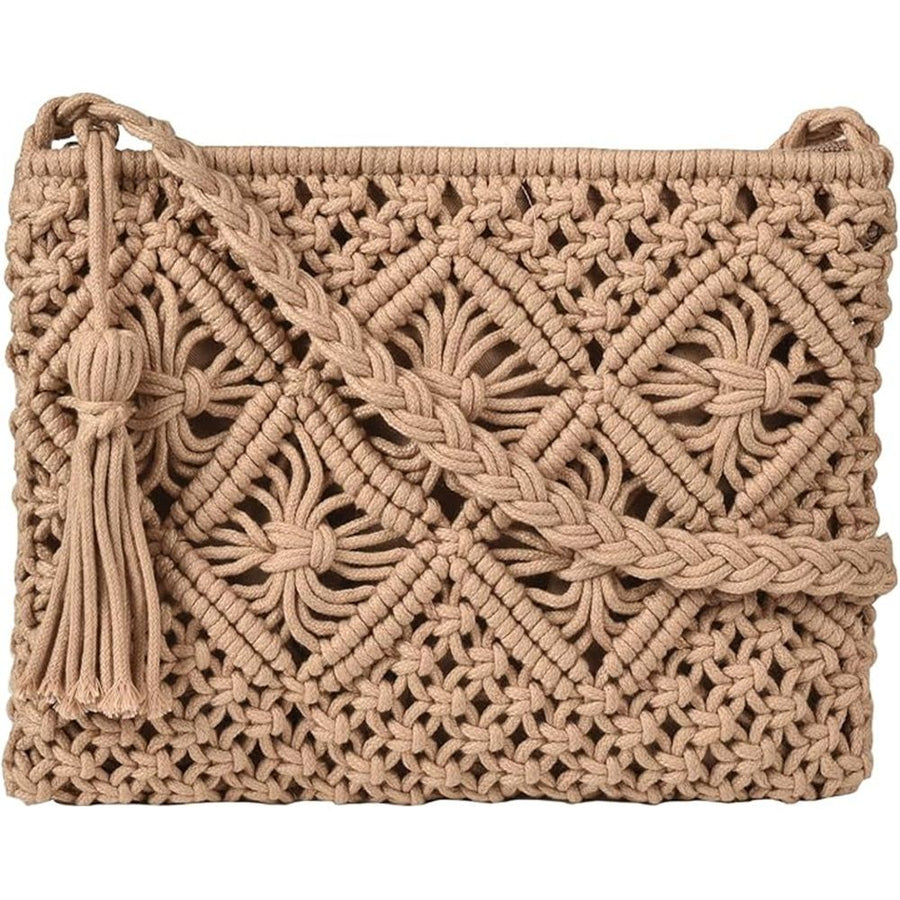 Handmade Crochet Purse Boho Cotton Rope Crossbody Shoulder Bag with Tassel Casual Bag for Women, for Summer Beach Travel Clutch Handbag