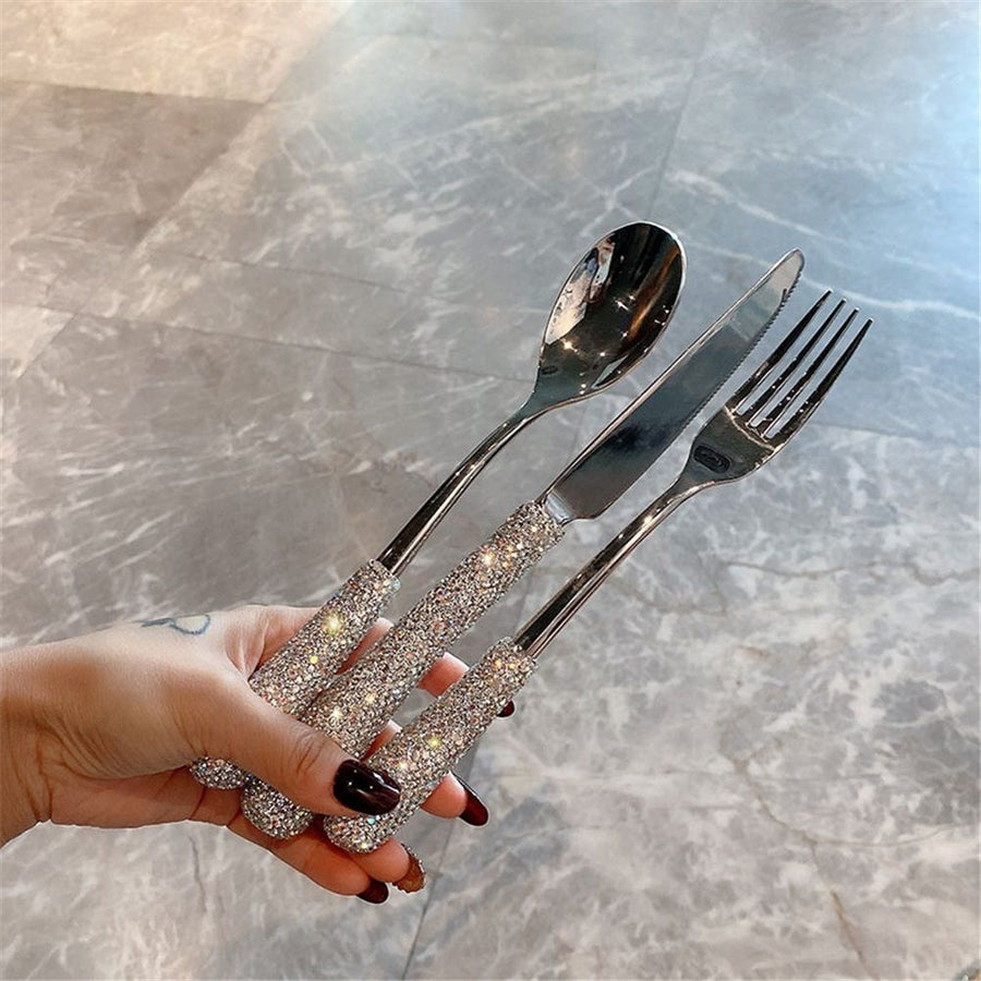 3 pack Bling Rhinestone Crystal Dazzling Culinary Utensils Travel Set for Office, Lunch, and Travel (3, Silver)