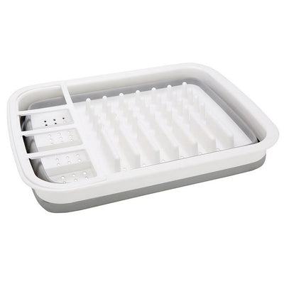 Silicone Clear & Grey Dish Drying Rack with 4 Silverware Slots Compact Size | Collapsible Space-Saving Design Fits in Cabinet（Excluding tableware
）