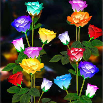 Solar Garden Lights - Upgraded Outdoor Light, 7 Color Changing Rose Lights for Yard,Garden Decoration, Enlarged Solar Panel, More Realistic Rose Flower (4 Packs)