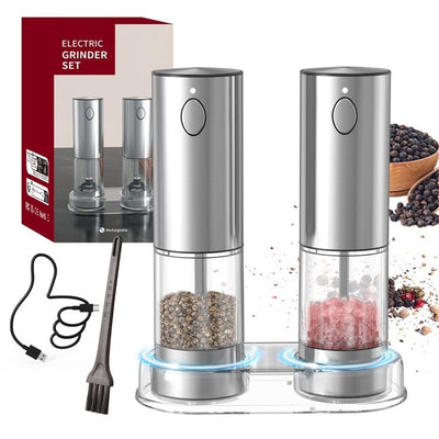 Mini Electric Salt and Pepper Grinder Set with Base, USB Rechargeable, Small Automatic Salt Pepper Mill Grinder, Travel/Outdoor BBQ/Children, One-Button Control (2 Packs, Stainless Steel)