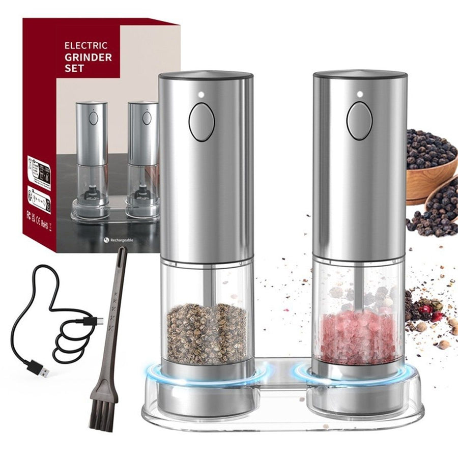 Mini Electric Salt and Pepper Grinder Set with Base, USB Rechargeable, Small Automatic Salt Pepper Mill Grinder, Travel/Outdoor BBQ/Children, One-Button Control (2 Packs, Stainless Steel)