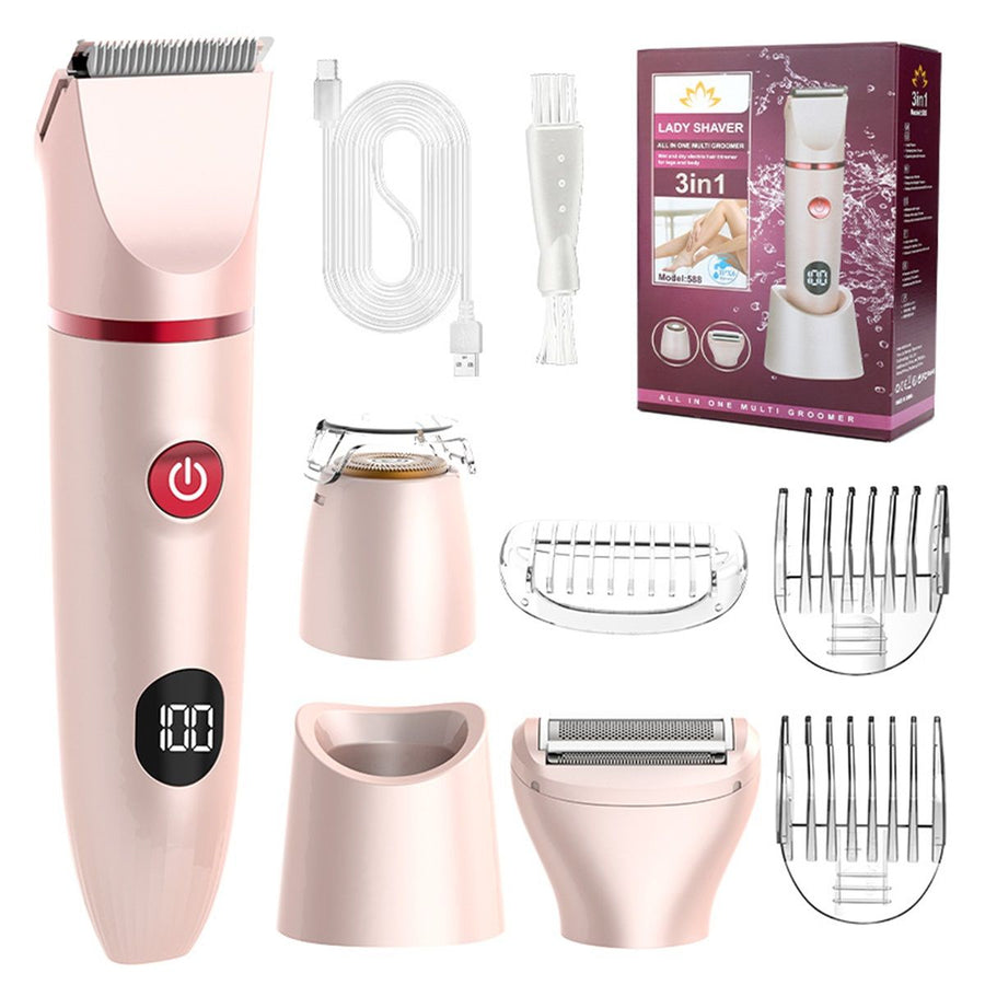 Bikini Trimmer for Women, 3-in-1 Electric Razors for Women, Waterproof Rechargeable Cordless Pubic Hair Shaver, with LED Display, for Ladies Bikini Pubic, Face, Underarms, Legs(Pink)