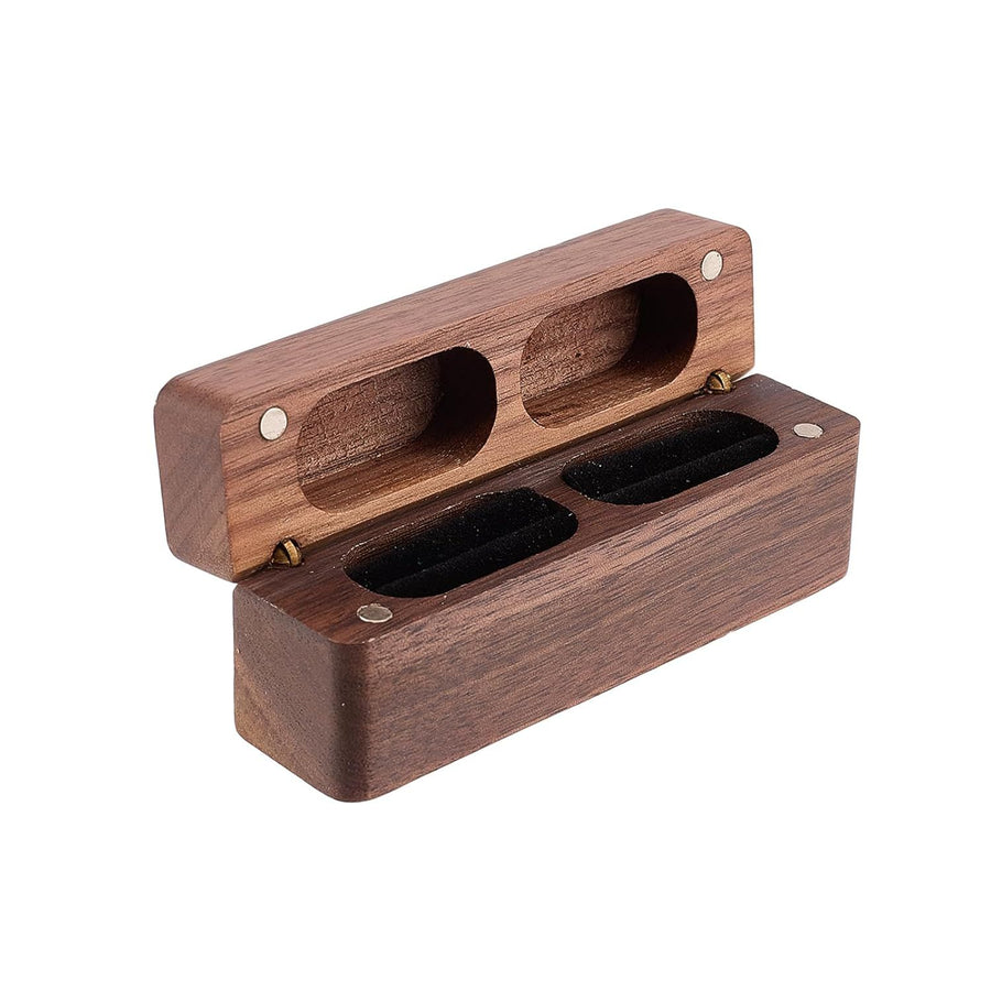 Double Ring Box - Slim Wooden Ring Case Box for Wedding Ceremony Engagement Proposal Ring Bearer Box - Anniversary Birthday Gift Ideas (Black)