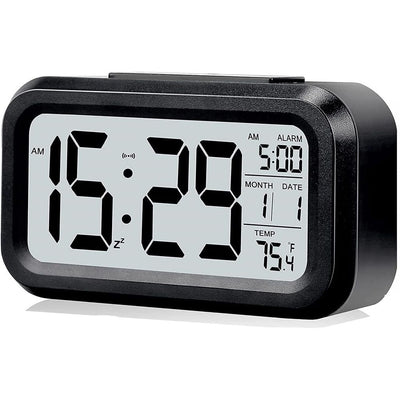 2pcs Digital Alarm Clock with Display, Desk Smart Electronic Small Clock with Indoor Temperature, Backlight, Battery Operated, for Home Bedroom Kids Office (Black)