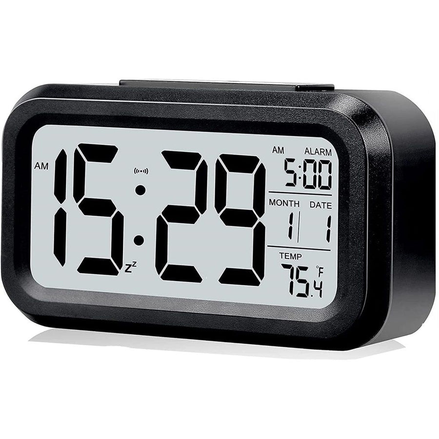 2pcs Digital Alarm Clock with Display, Desk Smart Electronic Small Clock with Indoor Temperature, Backlight, Battery Operated, for Home Bedroom Kids Office (Black)