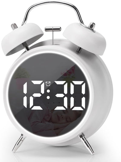 Digital Small Alarm Clock,  Double Bell Electronic LED Alarm Clock, Plug in or Battery Operated Silent Metal Table Clock, Bedside Loud Bell Clock for Heavy Sleepers Adults Kids (White)