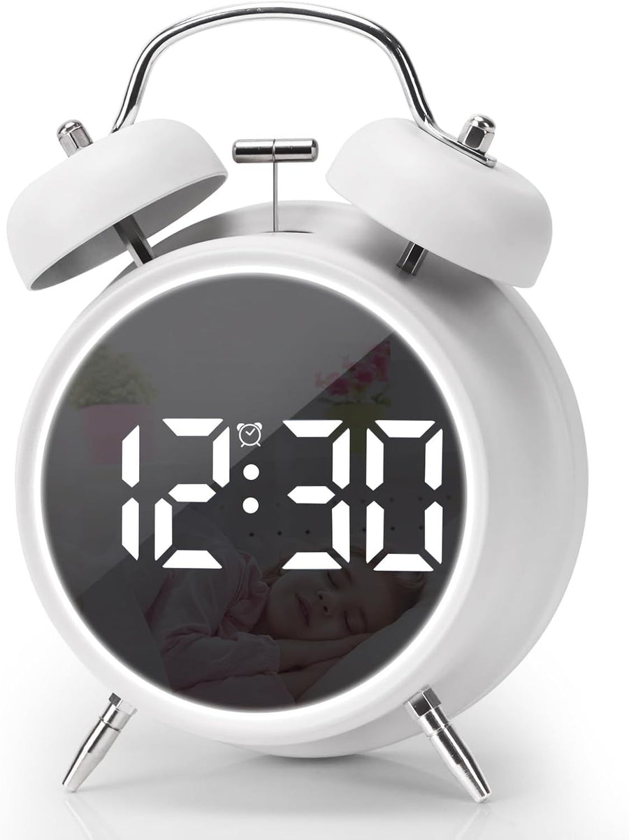 Digital Small Alarm Clock,  Double Bell Electronic LED Alarm Clock, Plug in or Battery Operated Silent Metal Table Clock, Bedside Loud Bell Clock for Heavy Sleepers Adults Kids (White)
