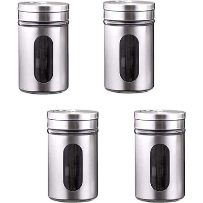 Set of 5 Salt and Pepper Shakers Stainless Steel Glass With Lids 3 Ounces for Storing Salt and Pepper, Spices and Seasonings with Viewing Window（Only seasoning jar）