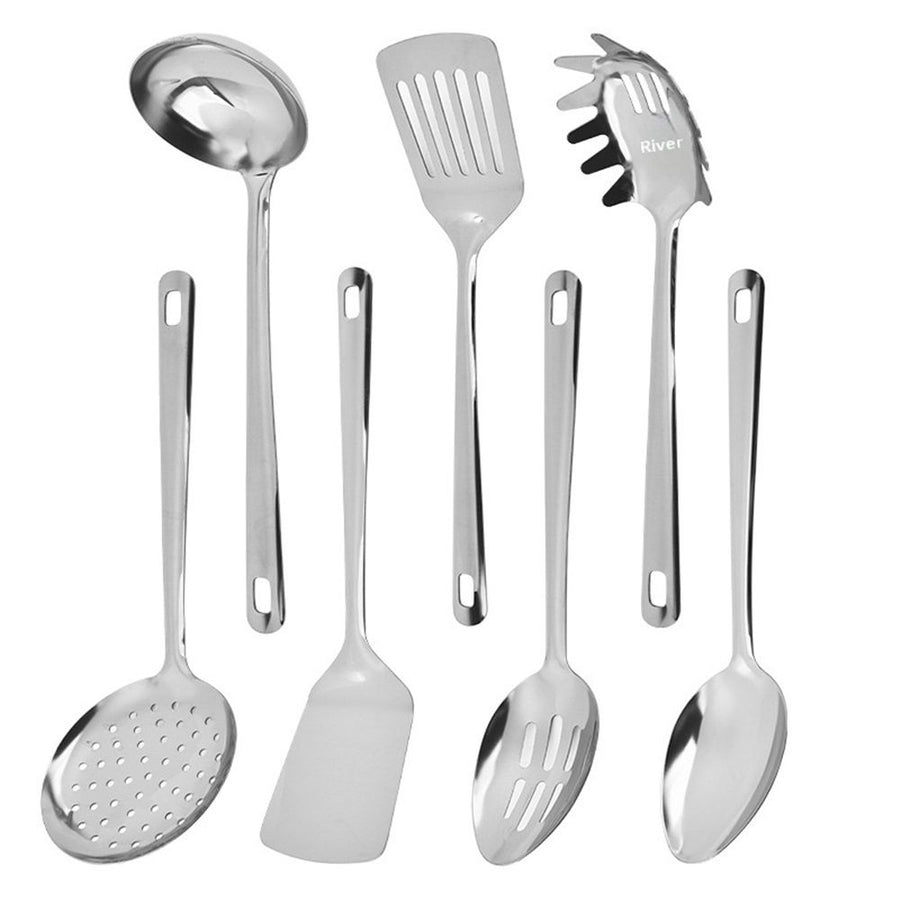 7 Pcs Stainless Steel Cooking Utensils Set, Heat Resistant Kitchen Utensils, Ergonomic Handle, Dishwasher Safe, Easy to Clean, Silver