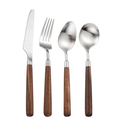 4 pack Spoon and Forks Silverware Set With Walnut Wood Handle, Flatware Stainless Steel Cutlery Dinner Fork Spoon Knife Set