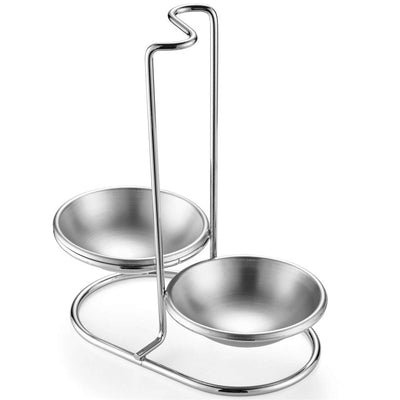 Stainless Steel Double Ladles Holder Vertical Spoon Rest Cooking Utensils Stand with 4 inch bowls（silvery）
