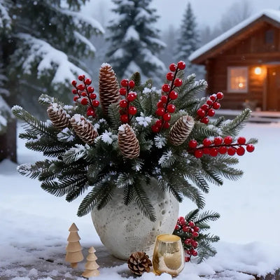 40-Piece Artificial Pine Branch Red Berry Pinecone Set, Christmas Table Decoration DIY Wreath Material