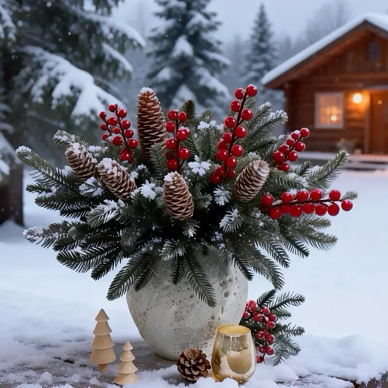 40-Piece Artificial Pine Branch Red Berry Pinecone Set, Christmas Table Decoration DIY Wreath Material