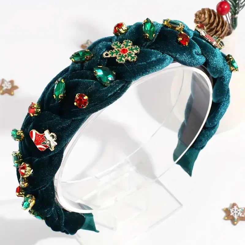 Christmas Tie-Dye Velvet Headband: Hand-Woven Wide Band, Embellished with Rhinestones and Snowflake Charms, Red and Green Festive Colors, Perfect Statement Accessory for Parties and Holiday Photos.(GREEN)