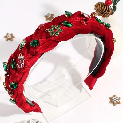 Christmas Tie-Dye Velvet Headband: Hand-Woven Wide Band, Embellished with Rhinestones and Snowflake Charms, Red and Green Festive Colors, Perfect Statement Accessory for Parties and Holiday Photos.(RED)