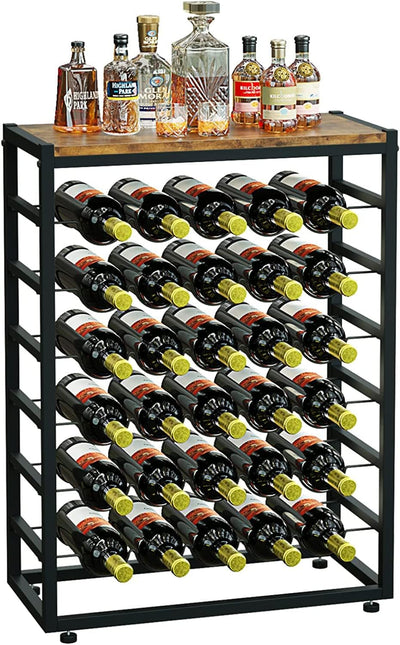 NNEDSZ 6-Tier Freestanding Wine Rack for 30 Bottles with Wood Countertop and Sturdy Metal Frame-0