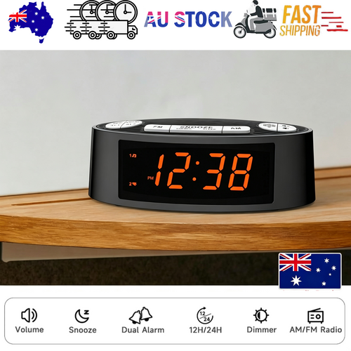 AM/FM Alarm Clock Radio with Dual Alarm, Sleep Timer & Snooze Functions, Orange LED Display, 4-Level Dimming Option