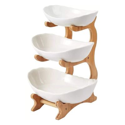 NNEDSZ 3 Tier Porcelain Fruit Bowl - Ceramic Vegetable Storage With Bamboo Stand-0