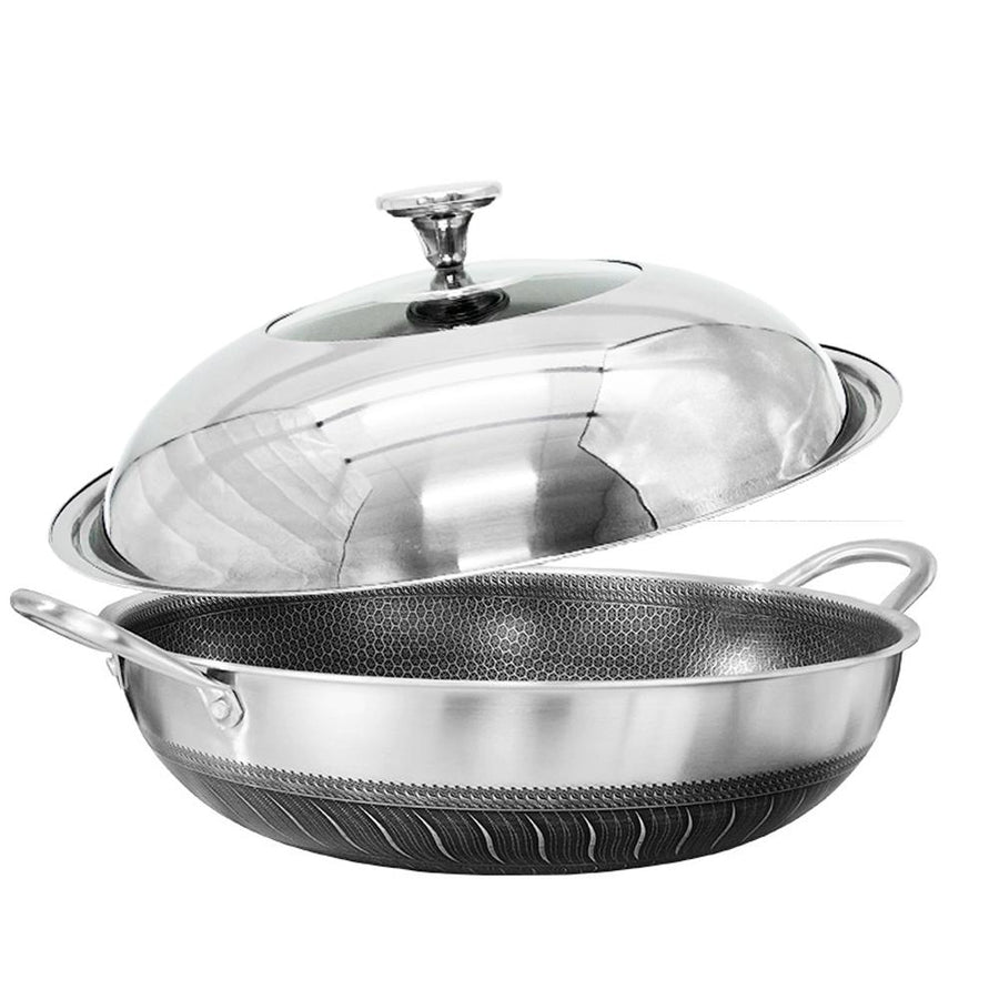 NNEDSZ 316 Stainless Steel Non-Stick Stir Fry Cooking Kitchen Wok Pan with Lid Honeycomb Double Sided-0