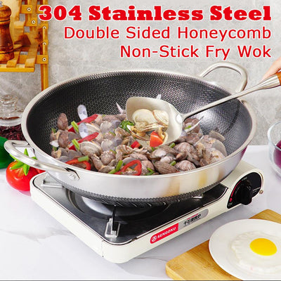 NNEDSZ 316 Stainless Steel Non-Stick Stir Fry Cooking Kitchen Wok Pan with Lid Honeycomb Double Sided-0