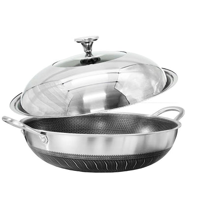 NNEDSZ Double Ear 304 Stainless Steel 36cm Non-Stick Stir Fry Cooking Kitchen Wok Pan with Lid Honeycomb Double Sided-0