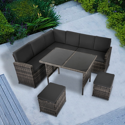 NNEDSZ Ella 8-Seater Modular Outdoor Garden Lounge and Dining Set with Table and Stools in Dark Grey Weave-0