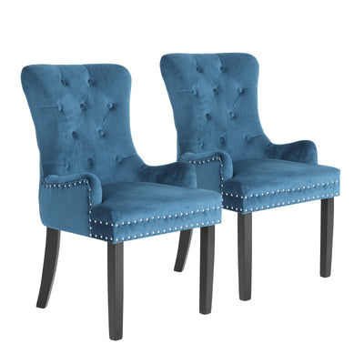 NNEDSZ 2X French Provincial Dining Chair Ring Studded Velvet Rubberwood Leg LISSE NAVY BLUE-0