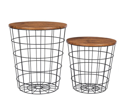 NNEDSZ YES4HOMES Vintage Round Coffee Tables Set of 2 Side Tables Robust Steel Frame for Living Room Bedroom Rustic Brown and Black-0