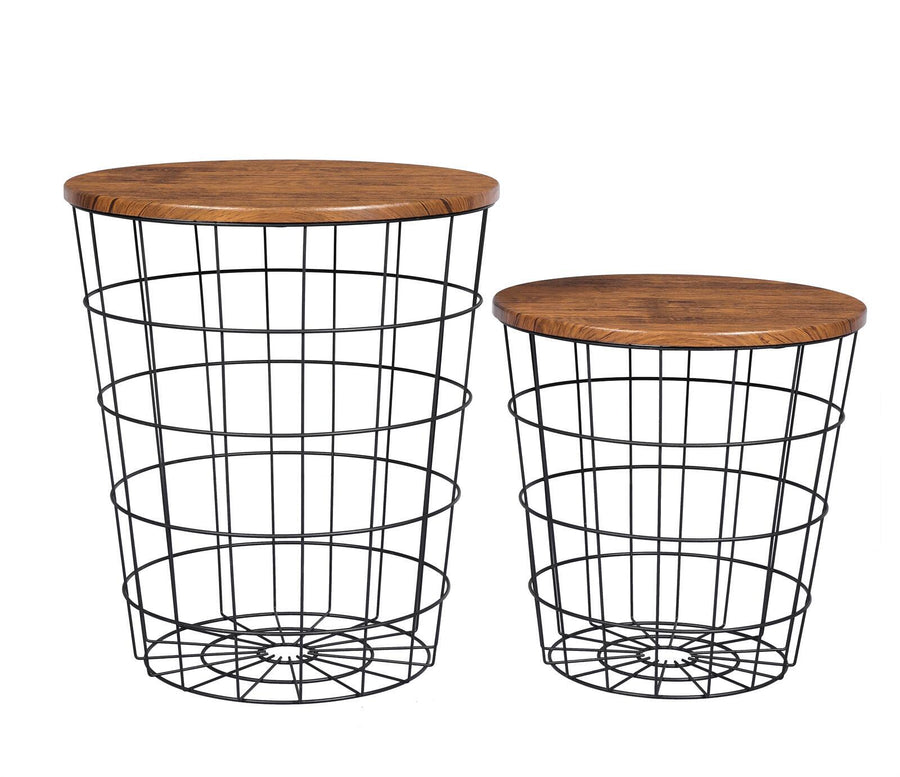 NNEDSZ YES4HOMES Vintage Round Coffee Tables Set of 2 Side Tables Robust Steel Frame for Living Room Bedroom Rustic Brown and Black-0