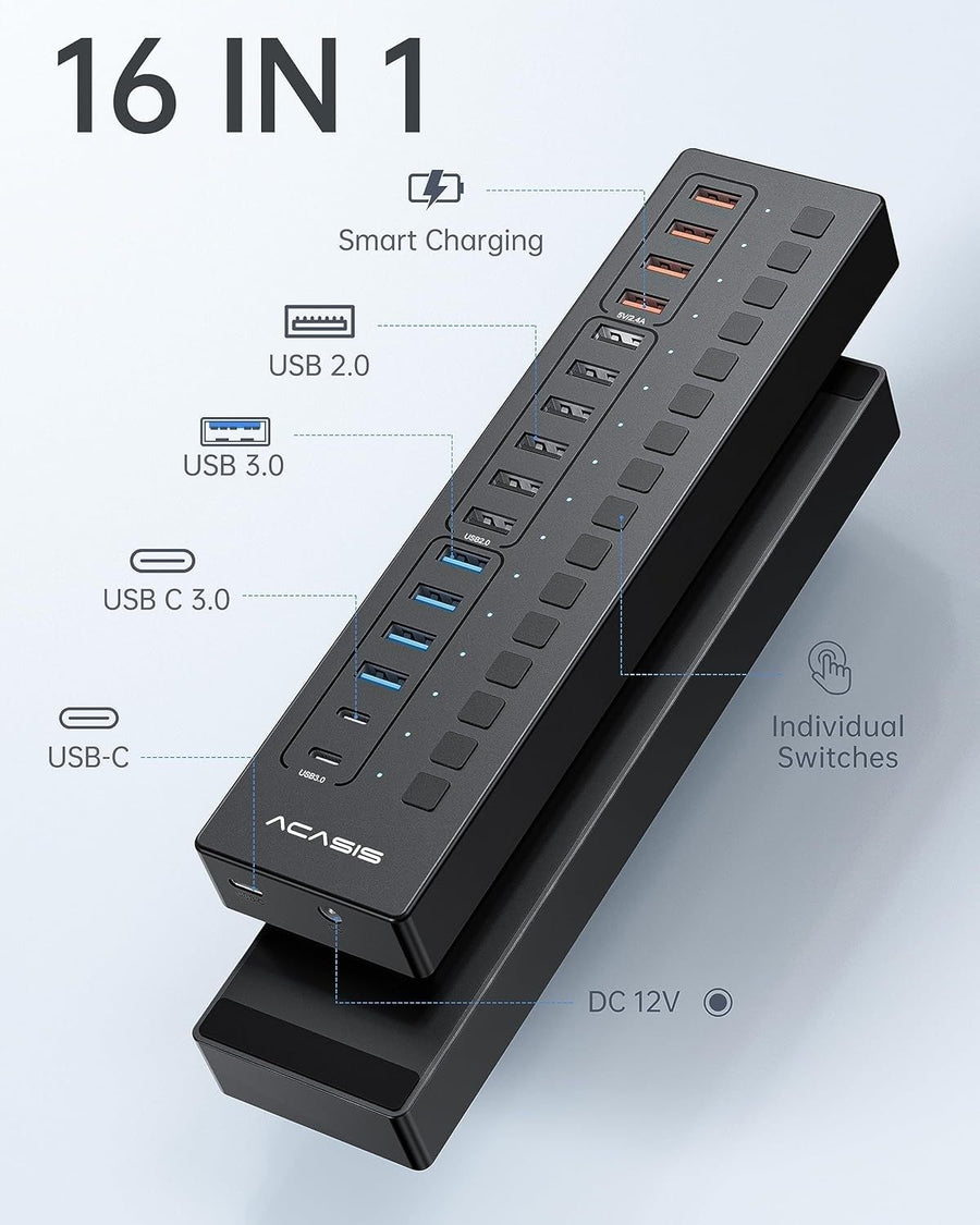 ACASIS DS-516PB 16-Port USB 3.2 Gen1 5Gbps 60W + On-Off Switch 4xUSB3.2 - 5Gbps, 10xUSB-A2.0, 2xUSB-C. 1xDC for Power Supply.