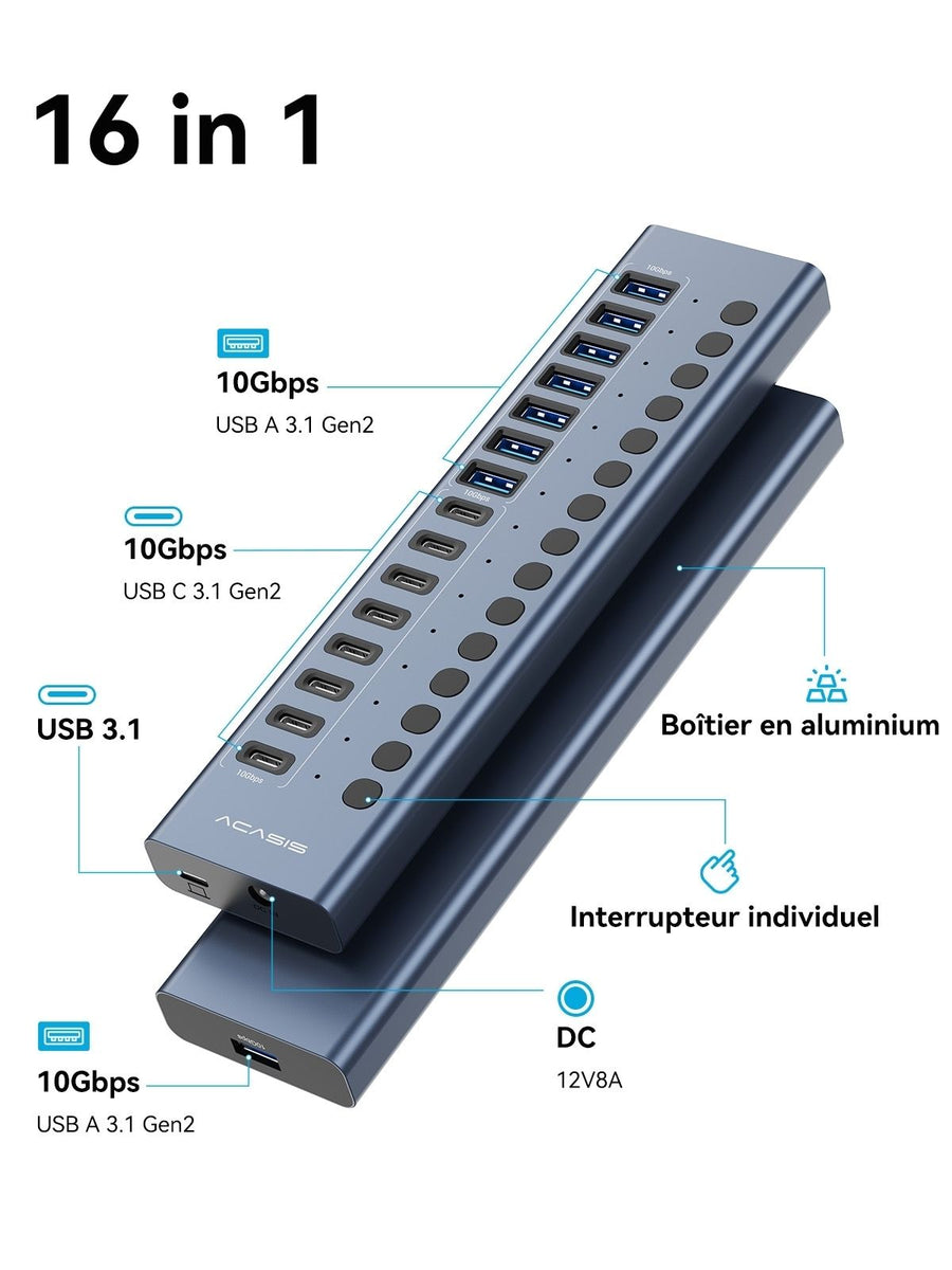 ACASIS HB16PRO 16-Port USB 3.2 10Gbps 12V/8A Powered 8 x USB-A + 8 x USB-C Docking Hub for PC & Laptop
