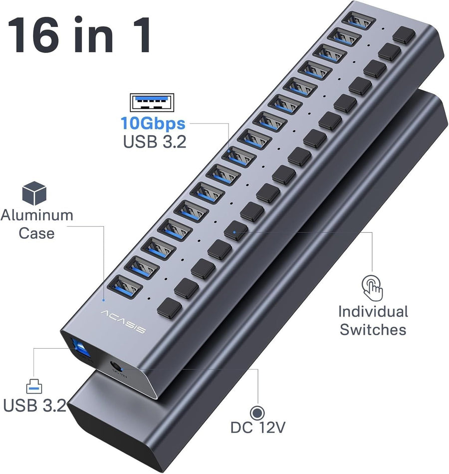 ACASIS HS-716MG USB 3.2 Gen2 10Gbps 12V/8A 16 Port USB-A + On/Off Switch with AC Power Adapter for PC & Laptop