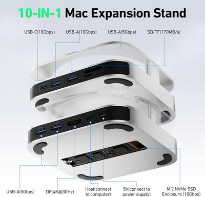 BENFEI 000438GY 10 in 1 USB-C Docking Station - 10Gbps NVMe SSD Enclosure + 4K DP , USB-C x 2, USB-A x 4, SD/TF