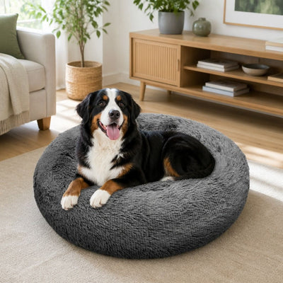Dog Pet Cat Calming Bed Warm Plush Round Nest Comfy Sleeping Bed Dark Grey 100cm